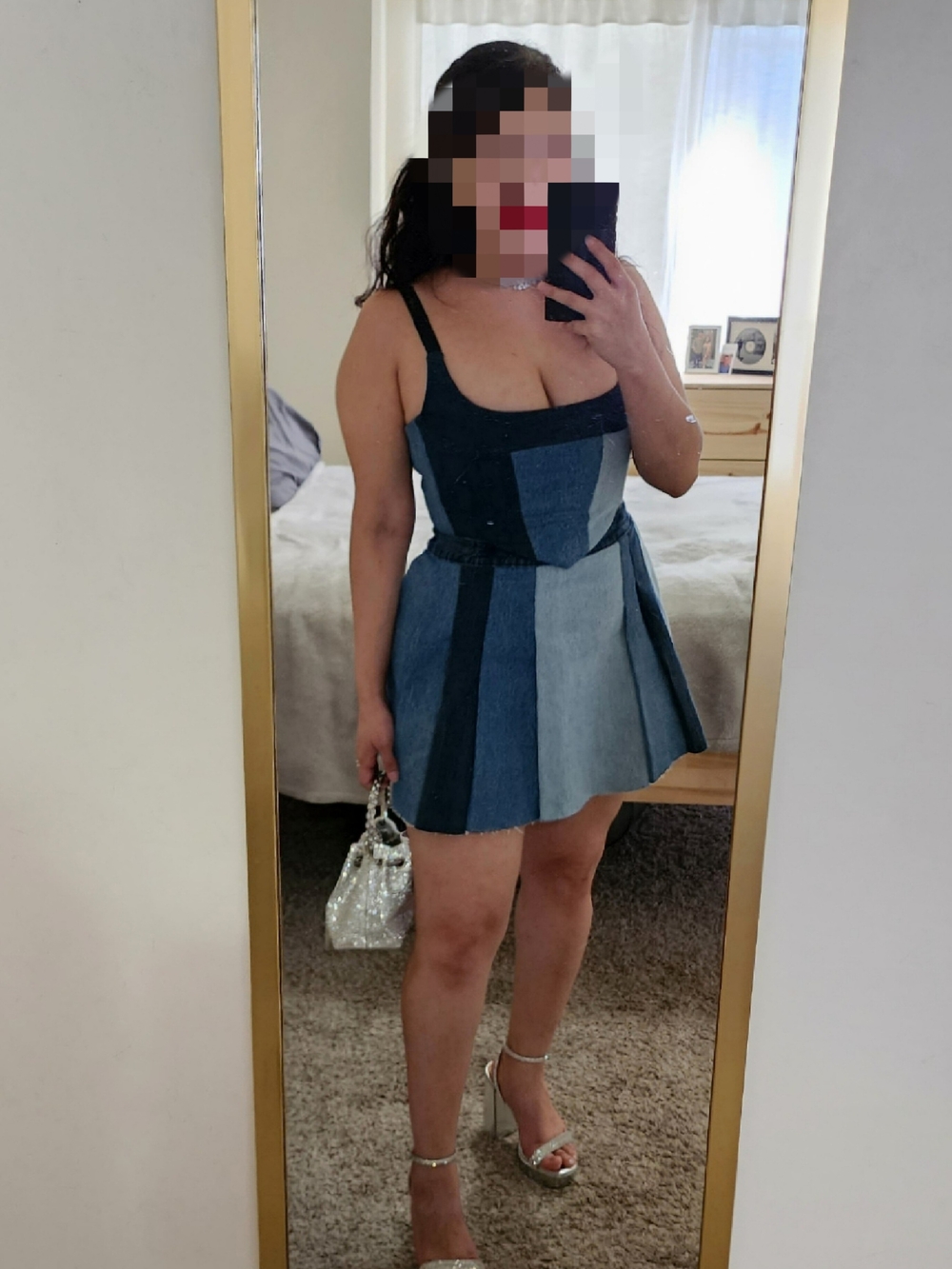 Taylor Swift/Sabrina Carpenter Inspired Patchwork Denim Mini Dress in Mixed Blue